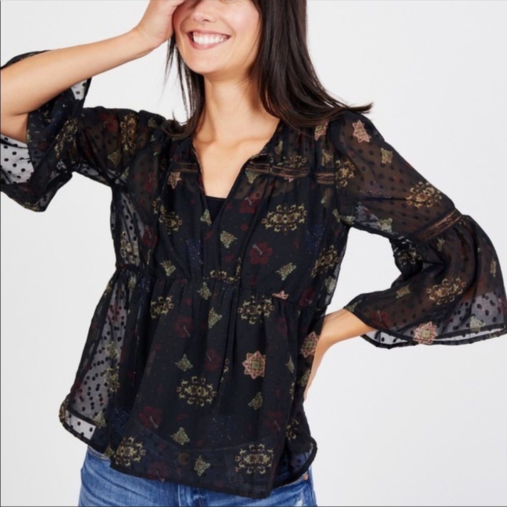 NEW Lucky Brand Women Swiss Dot Sheer Floral Lace Bell Sleeve Blouse